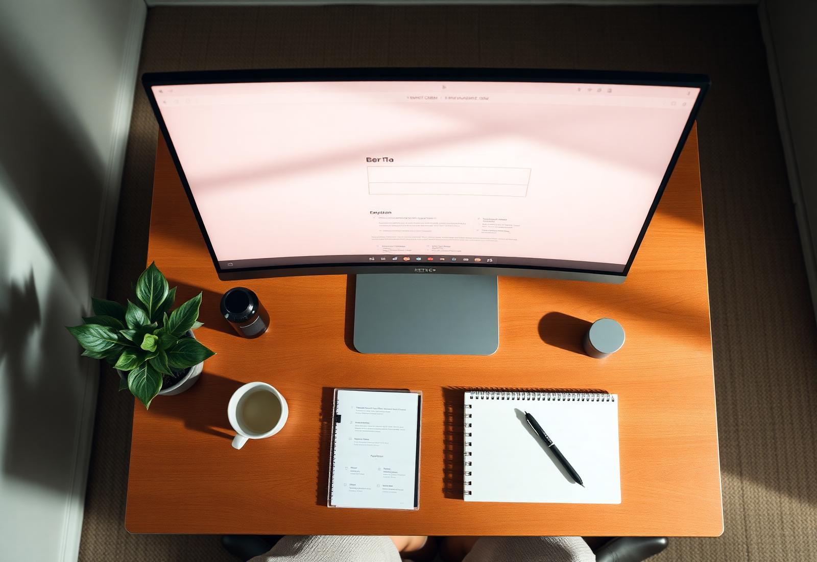 Werkplek van Noble Webdesign — moderne monitor, notitieboek en koffie
