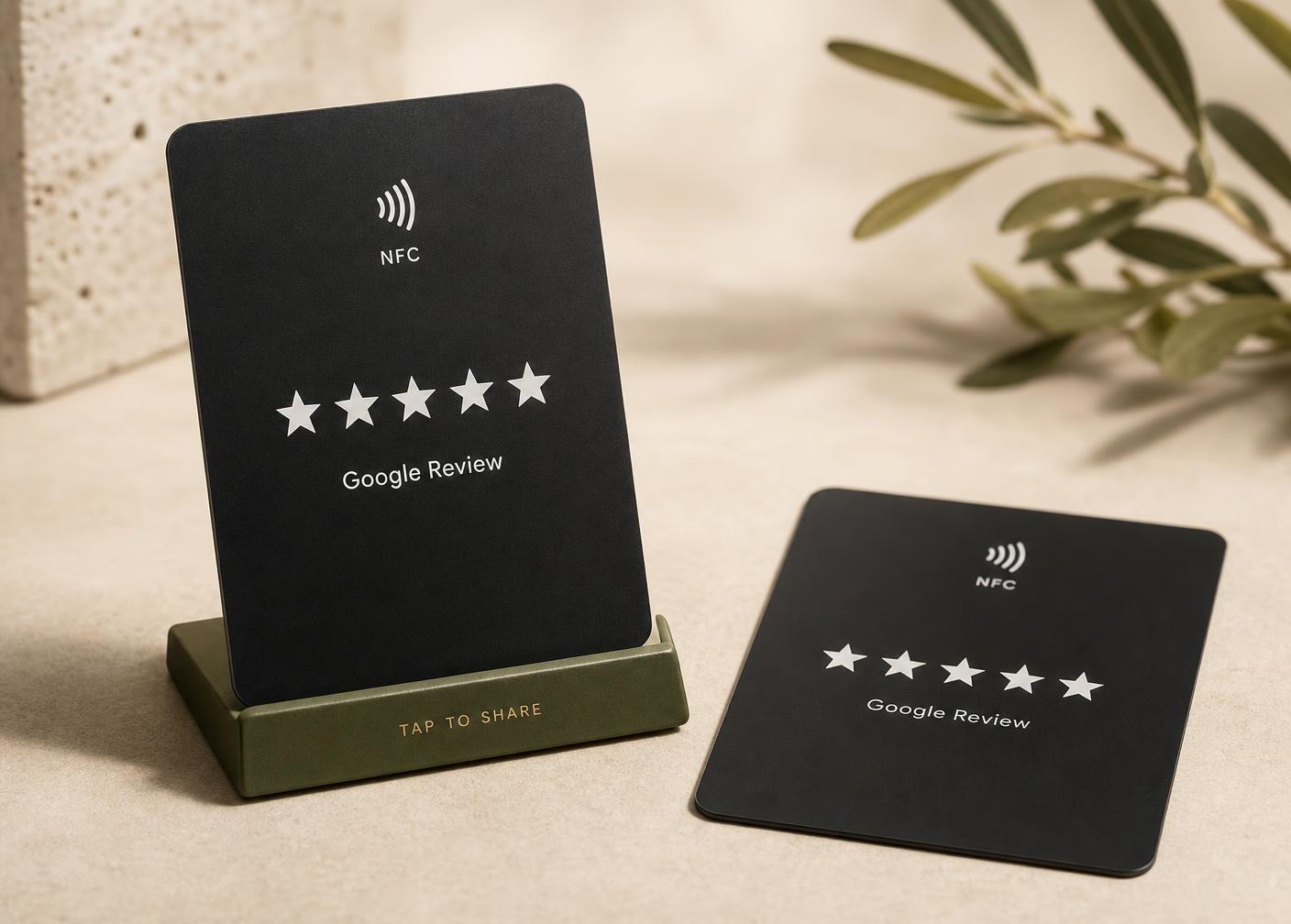 Staande en plakbare Google Review-kaart met NFC-chip en QR-code